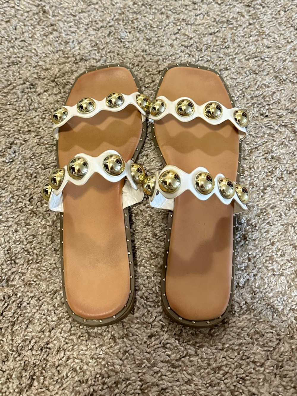 Women’s White Slide Sandals with Gold Stud Accents